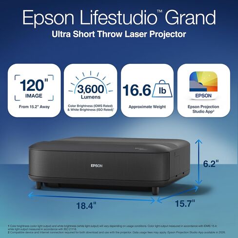 جهاز عرض ليزر Epson Lifestudio Grand Ultra Short Throw Laser، بدقة 4K PRO-UHD، صوت من تقنية Bose وتطبيق Epson Studio، تلفزيون Google المدمج لسهولة البث، بالإضافة إلى تقنية 3LCD ثلاثية الشرائح - أسود in Kuwait