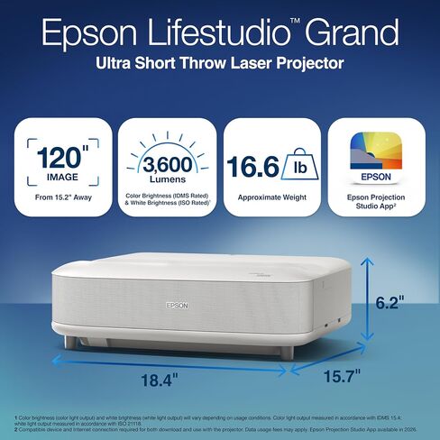 جهاز عرض ليزر Epson Lifestudio Grand Ultra Short Throw Laser، بدقة 4K PRO-UHD، صوت من تقنية Bose وتطبيق Epson Studio، تلفزيون Google المدمج لسهولة البث، بالإضافة إلى تقنية 3LCD ثلاثية الشرائح - أسود in Kuwait