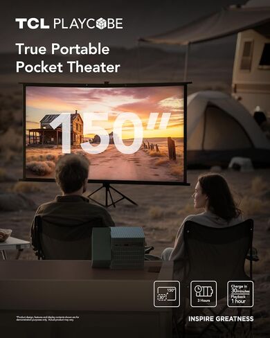 TCL PlayCube 1080P FHD DLP Projector, GTV Portbale Projector with Netflix Certified, 750 ISO Lumens, 4K Supported, 3h Playtime with Built-in 66Wh Battery, Up to 150'' Screen, Auto Focus & Keystone in Saudi Arabia