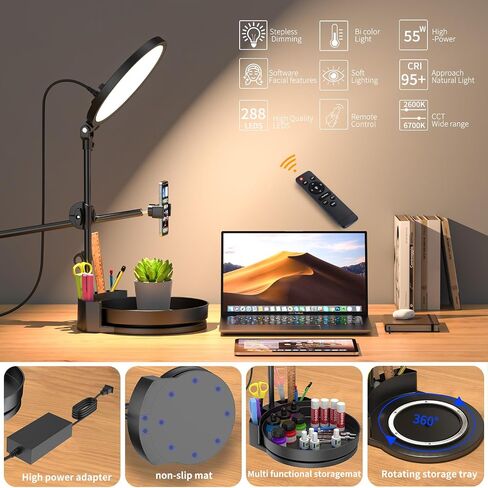 Zoom Lighting for Computer, Adjustable Desk Lighting for Video Callst,55W Dimmable Full Screen Ring Light,with Rotating Storage Box,Pen Holder Stand,Phone Holder and Controller (Black, 10.5) in Saudi Arabia