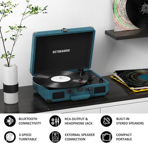 مشغل تسجيلات فينيل ثلاثي السرعات مزود بتقنية البلوتوث، مشغل تسجيلات محمول بحزام مع مكبري صوت استريو مدمجين، مشغل تسجيلات فونوغراف دوار عتيق من الفينيل مع مخرج خط RCA ومخرج AUX in Kuwait