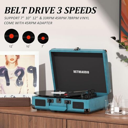 مشغل تسجيلات فينيل ثلاثي السرعات مزود بتقنية البلوتوث، مشغل تسجيلات محمول بحزام مع مكبري صوت استريو مدمجين، مشغل تسجيلات فونوغراف دوار عتيق من الفينيل مع مخرج خط RCA ومخرج AUX in Kuwait