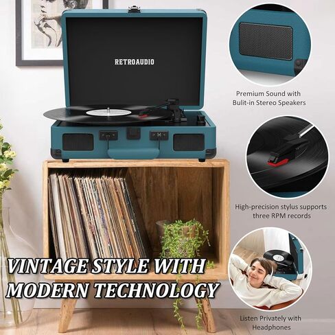 مشغل تسجيلات فينيل ثلاثي السرعات مزود بتقنية البلوتوث، مشغل تسجيلات محمول بحزام مع مكبري صوت استريو مدمجين، مشغل تسجيلات فونوغراف دوار عتيق من الفينيل مع مخرج خط RCA ومخرج AUX in Kuwait