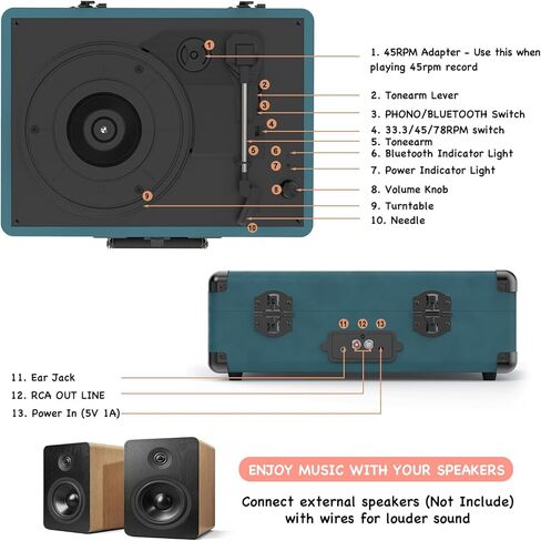 مشغل تسجيلات فينيل ثلاثي السرعات مزود بتقنية البلوتوث، مشغل تسجيلات محمول بحزام مع مكبري صوت استريو مدمجين، مشغل تسجيلات فونوغراف دوار عتيق من الفينيل مع مخرج خط RCA ومخرج AUX in Kuwait