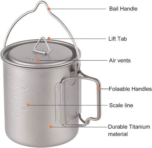 Titanium Pot 750ml Backpacking Pot Camping Coffee Pot Camp Mug Camping Pot with Lid Foldable Handle Portable Lightweight in Kuwait