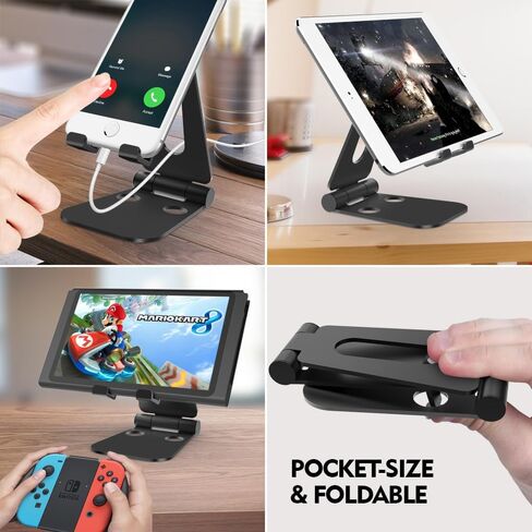 Adjustable Cell Phone Stand, Aluminum Foldable Anti-Slip Desktop Holder Fit for Phone 16 15 14 13 12 Pro Xs Xs Max Xr X 8, All Phones, Black in Saudi Arabia