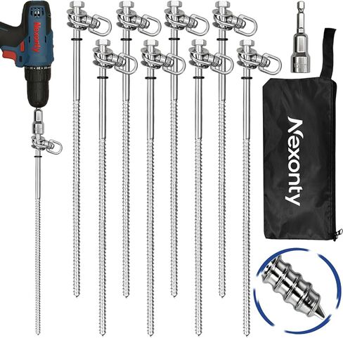 12 Inch Steel Screw in Tent Stakes,8 Pack Tent Stakes Heavy Duty,Ground Anchors Screw in,Trampoline Anchor Kit,Swing Set Anchors,Metal Threaded Camping Stakes with Hex Head Driver&Storage Bag in Saudi Arabia
