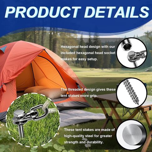 12 Inch Steel Screw in Tent Stakes,8 Pack Tent Stakes Heavy Duty,Ground Anchors Screw in,Trampoline Anchor Kit,Swing Set Anchors,Metal Threaded Camping Stakes with Hex Head Driver&Storage Bag in Saudi Arabia