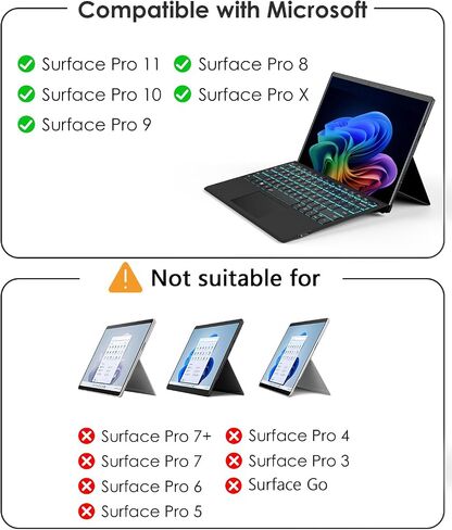 Surface Pro Keyboard, Wireless Type Cover for Microsoft Surface Pro 11/10/9/8/X 13 inch, Ultra-Slim Portable Magnetic Bluetooth Keyboard with 7 Color Backlit, Pen Holder, Trackpad in Saudi Arabia
