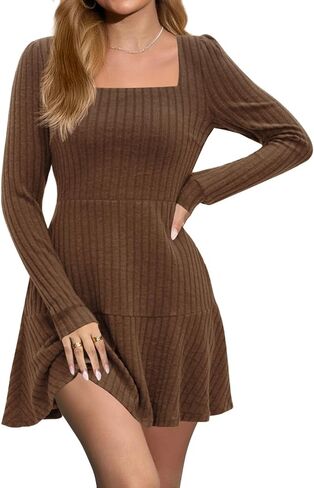 Women's Long Sleeve Ribbed Knit Short Dresses 2025 Fall Square Neck A-Line Casual Babydoll Sweater Dress with Pockets in Saudi Arabia