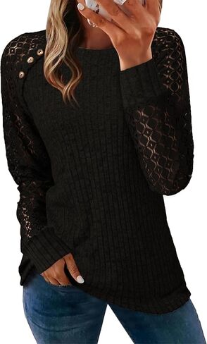 Glamaker Womens Long Sleeve Shirts Fall Lace Tunic Tops Dressy Crewneck Hollow Out Blouses Casual Sweaters 2025 in Kuwait