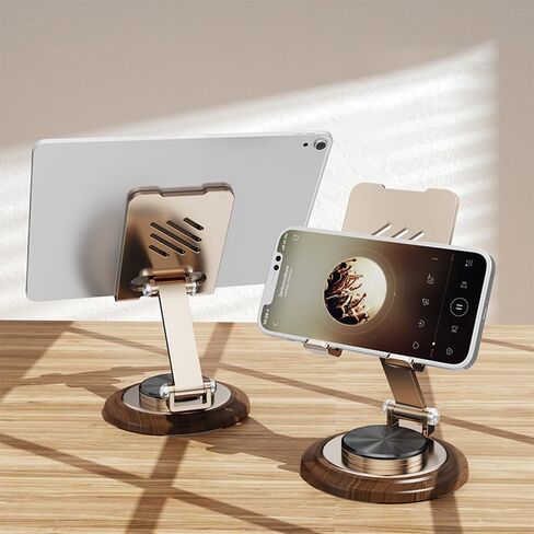 Dual Folding Phone Desk Stand, Adjustable Cell Phone Stand Accessories, 360°Rotating Phone Holder for Desk, with Wooden Disc Base, for iPhone 16 15 14 13 12 Pro Max and All Smart Phones (Gold) in Saudi Arabia
