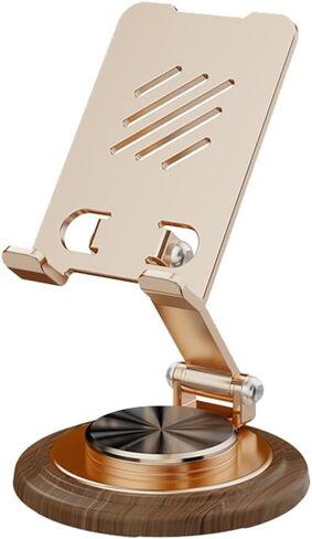 Dual Folding Phone Desk Stand, Adjustable Cell Phone Stand Accessories, 360°Rotating Phone Holder for Desk, with Wooden Disc Base, for iPhone 16 15 14 13 12 Pro Max and All Smart Phones (Gold) in Saudi Arabia