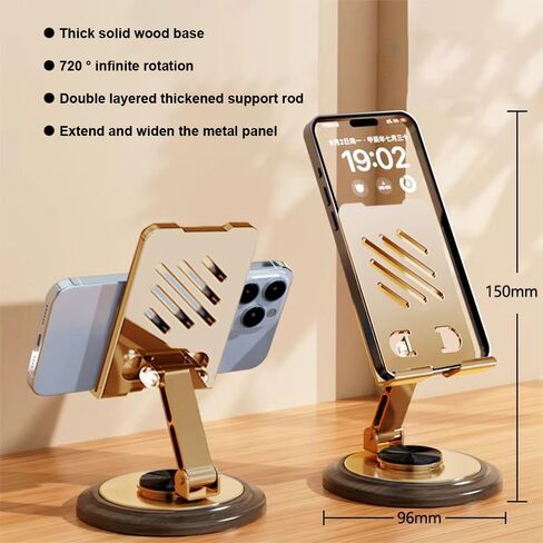 Dual Folding Phone Desk Stand, Adjustable Cell Phone Stand Accessories, 360°Rotating Phone Holder for Desk, with Wooden Disc Base, for iPhone 16 15 14 13 12 Pro Max and All Smart Phones (Gold) in Saudi Arabia