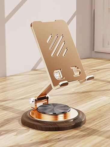 Dual Folding Phone Desk Stand, Adjustable Cell Phone Stand Accessories, 360°Rotating Phone Holder for Desk, with Wooden Disc Base, for iPhone 16 15 14 13 12 Pro Max and All Smart Phones (Gold) in Saudi Arabia