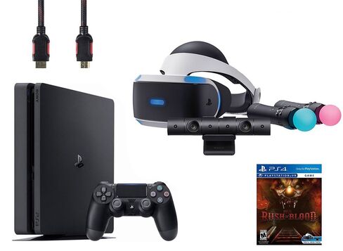 حزمة PlayStation VR Start Bundle 5 عناصر: حزمة VR Start Bundle، وحدة تحكم Sony PS4 Slim 1 تيرابايت - Jet Black، قرص ألعاب VR PSVR until Dawn: Rush of Blood in Kuwait