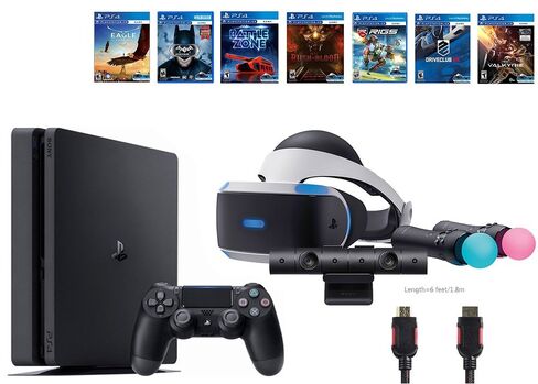 حزمة PlayStation VR Start Bundle 10 عناصر: VR Start Bundle، وحدة تحكم Sony PS4 Slim 1 تيرابايت - Jet Black، 7 أقراص ألعاب VR حتى الفجر: Rush of Blood، EVE: Valkyrie، Battlezone، Batman: Arkham VR، DriveClub، Eagle Flight in Kuwait