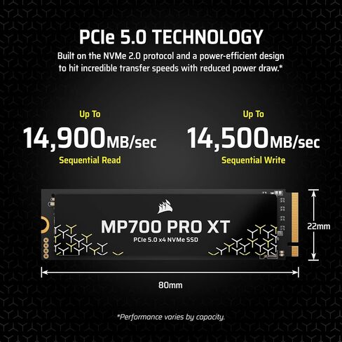 Corsair MP700 PRO XT 2TB PCIe 5.0 NVMe M.2 SSD - ما يصل إلى 14,900 ميجابايت/ثانية، سرعة Gen5، تخزين مباشر جاهز لأجهزة الكمبيوتر المخصصة للألعاب - أسود in Saudi Arabia