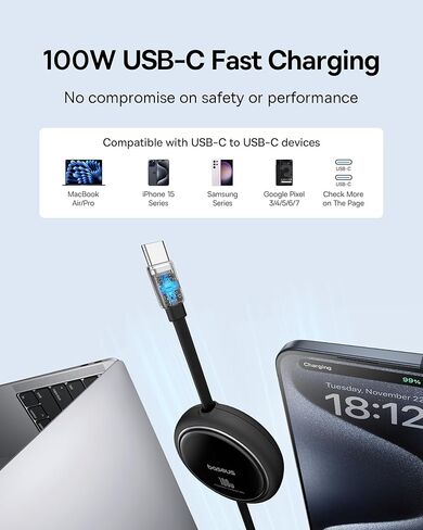 Baseus كابل شحن سريع USB C 5A قابل للسحب 100 واط، شاحن USB C 100 واط مع كابل مدمج قابل للسحب in Saudi Arabia