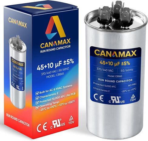 Canamax 45+10 uf ± 5% MFD 370 Or 440V Round Run Capacitor - Replacement for Air Conditioner 50/60Hz for AC Motor Run or Fan Start and Cool or Heat Pump Air Conditioner in Saudi Arabia