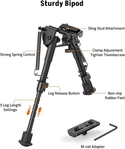 MidTen حبال مسمار Bipod للبنادق bipod لـ M-Rail bipod مع محول M-Rail 6-9 بوصة من الألومنيوم وألياف الكربون in Kuwait