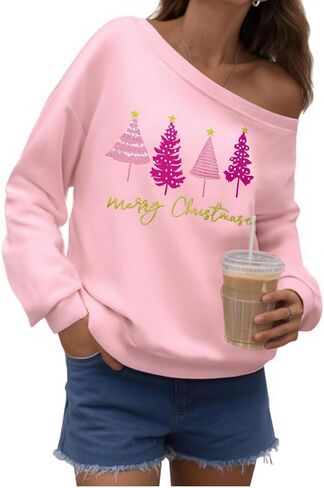 سويت شيرت فريد من نوعه للنساء بدون أكتاف لعيد الميلاد: سترة Merry Crewneck بأكمام طويلة لعيد الميلاد in Saudi Arabia