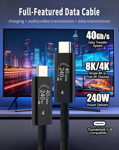كابل AIRSKY USB-C إلى USB C 3.3FT، كابل USB 4 لكابل Thunderbolt 4، 240 واط، كابل فيديو USB C، 40 جيجابت في الثانية، شاشة 8K HD، متوافق مع Thunderbolt 4/3، iPhone 17/16/15، MacBook، Hub، Dock والمزيد in Kuwait