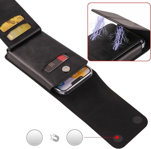 Cell Phone Waist Holster with Clip Leather, Vertical SmartPhone Waist Bag Black, Travel Sport Mobile Phone Belt Pouch Purse Men Card Holder Waist Wallet Belt Loop Pocket with Carabiner Hook Bumbag in Saudi Arabia