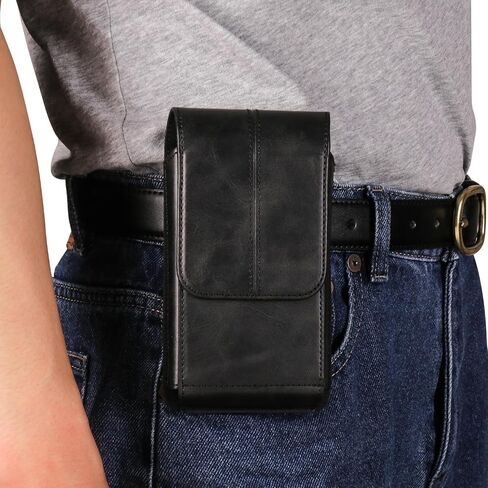 Cell Phone Waist Holster with Clip Leather, Vertical SmartPhone Waist Bag Black, Travel Sport Mobile Phone Belt Pouch Purse Men Card Holder Waist Wallet Belt Loop Pocket with Carabiner Hook Bumbag in Saudi Arabia