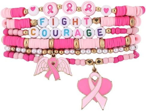 Breast Cancer Stackable Beads Bracelets Inspirational Pink Ribbon Bracelet for Women Hope Fight Courage Breast Cancer Awareness Encouragement Gift in Saudi Arabia