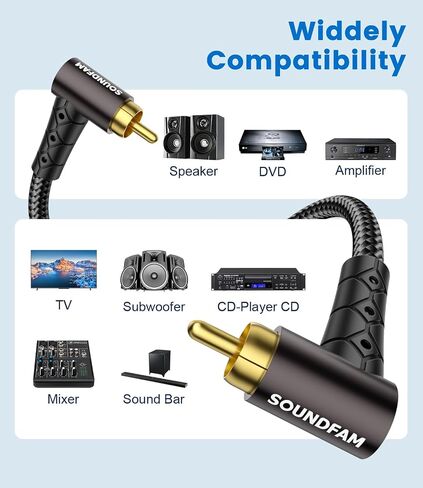 RCA Subwoofer Cable 10ft/3M 90 Degree RCA to RCA Cable Cotton Braided Double Shielded Digital Analogue Supports Amplifiers,Home Theater,Subwoofer (Black) in Saudi Arabia
