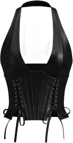 WDIRARA Women's Pu Leather Sleeveless Halter Tops Lace Up Backless Crop Corset Top Sexy Clubwear in Saudi Arabia