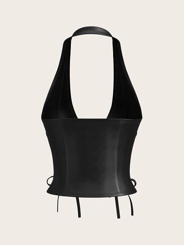 WDIRARA Women's Pu Leather Sleeveless Halter Tops Lace Up Backless Crop Corset Top Sexy Clubwear in Saudi Arabia
