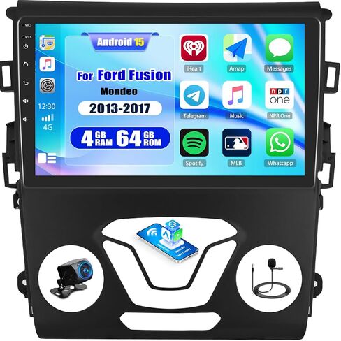 ستيريو سيارة 4G+64G Android 15 لسيارة Ford Fusion Mondeo 2013-2017 9 بوصات راديو سيارة بشاشة تعمل باللمس مع Carplay Android Auto Bluetooth، 32EQ/FM/RDS، GPS، DSP، WiFi، 59 UI + كاميرا احتياطية in Kuwait