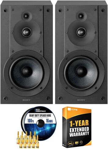 مكبرات صوت Sony SS-CS5M2 3-Way 3-Driver Hi-res Bookshelf (زوج) حزمة 2025 مع حزمة مع حزمة حماية محسنة CPS لمدة سنة واحدة، وكابل سلك مكبر صوت Deco Essentials بطول 100 قدم و5 أزواج من مقابس الموز in Saudi Arabia