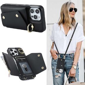 Crossbody Case for Apple 17 with Card Holder, Wallet Case Removable Lanyard Wrist Strap Shockproof with Kickstand Women Cover for iPhone 17.Crossbody Black in Saudi Arabia
