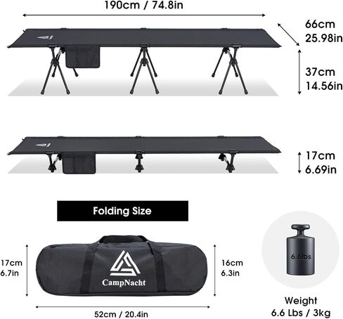 CAMPNACHT Ultralight Camping Cot with Leg Extenders, Aluminum Lightweight Folding Cot for Adults, Portable Backpacking Compact Tent Cot for Outdoor, Hiking, 1 Pack with 2 Use Modes, Black in Kuwait