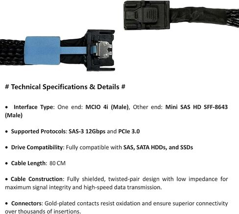 كابل داخلي MCIO 4i إلى Mini SAS HD SFF-8643، 12 جيجابت في الثانية MCIO 4X(SFF-TA-1002) إلى SFF-8643 كابل بيانات عالي السرعة للخادم، بطاقة HBA RAID، لوحة معززة، NAS (80 سم) in Kuwait