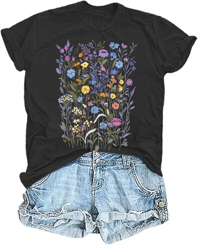 Women's Floral Graphic Loose Tees Boho Wildflower T-Shirt Short Sleeve Casual Tops in Saudi Arabia