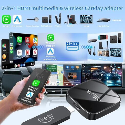 3 in 1 Car TV Mate Pro with Wireless Carplay Adapter & Android Auto Adapter, HDMl Multimedia TV Stick Converter, Cast Fire T V/Game/YouTube/Netflix to Car for Wired CarPlay and Most Streaming (Black) in Saudi Arabia
