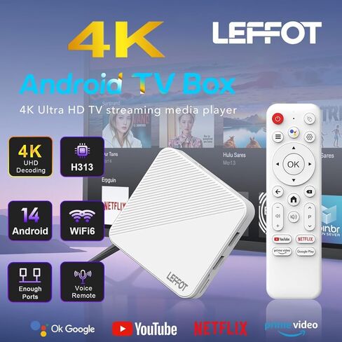 جهاز بث Android 14.0 TV Box 2025 LEFFOT H313 4K Ultra HD للتلفزيون، وذاكرة وصول عشوائي 2 جيجابايت + 8 جيجابايت ROM، صندوق تلفزيون ذكي مع جهاز تحكم صوتي، HDR 10، 2.4G و5G WiFi 6 in Kuwait