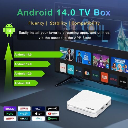 جهاز بث Android 14.0 TV Box 2025 LEFFOT H313 4K Ultra HD للتلفزيون، وذاكرة وصول عشوائي 2 جيجابايت + 8 جيجابايت ROM، صندوق تلفزيون ذكي مع جهاز تحكم صوتي، HDR 10، 2.4G و5G WiFi 6 in Kuwait