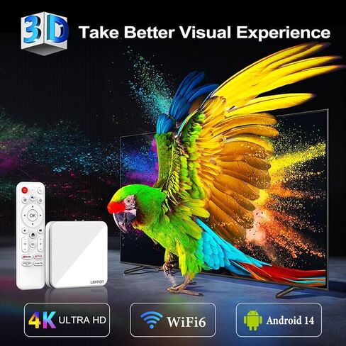 جهاز بث Android 14.0 TV Box 2025 LEFFOT H313 4K Ultra HD للتلفزيون، وذاكرة وصول عشوائي 2 جيجابايت + 8 جيجابايت ROM، صندوق تلفزيون ذكي مع جهاز تحكم صوتي، HDR 10، 2.4G و5G WiFi 6 in Kuwait
