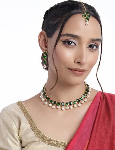 Aheli Kundan Pearl Traditional Ethnic Choker Necklace Earring Maangtikka Jewelry Set Gift for Women in Saudi Arabia