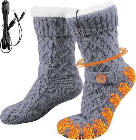 Chicingyou Electric Heated Fleece Socks for Men Women, Winter USB Heating Pad Knitted Socks Foot Heater Anti-Slip Thermal Indoor Footwear Foot Warmer Fit for Women's 5-10 Men's 4-8 in Saudi Arabia