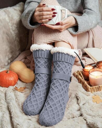 Chicingyou Electric Heated Fleece Socks for Men Women, Winter USB Heating Pad Knitted Socks Foot Heater Anti-Slip Thermal Indoor Footwear Foot Warmer Fit for Women's 5-10 Men's 4-8 in Saudi Arabia