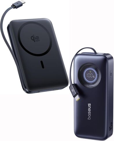 Baseus Picogo Qi2.2 25W Magsafe شاحن متنقل باور بانك 10000 مللي أمبير 45 واط مع بنك طاقة Enercore، شاحن محمول للشحن السريع 10000 مللي أمبير مدمج كابل USB-C قابل للسحب 45 واط in Kuwait