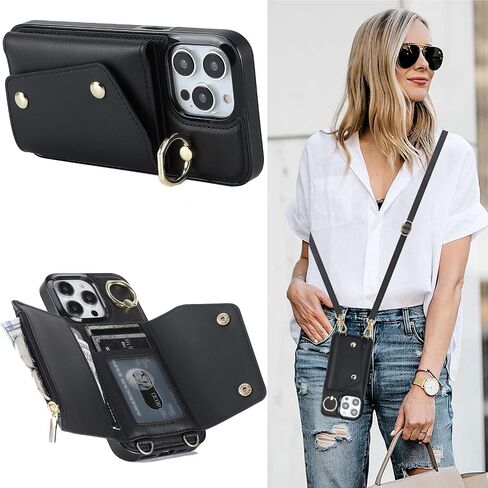 Crossbody Case for Apple 17 with Card Holder, Wallet Case Removable Lanyard Wrist Strap Shockproof with Kickstand Women Cover for iPhone 17.Crossbody Black in Saudi Arabia