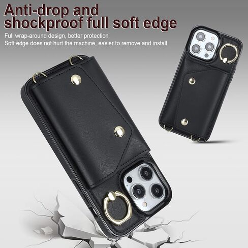 Crossbody Case for Apple 17 with Card Holder, Wallet Case Removable Lanyard Wrist Strap Shockproof with Kickstand Women Cover for iPhone 17.Crossbody Black in Saudi Arabia