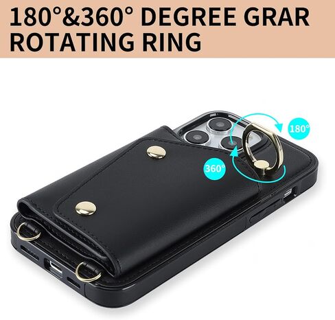 Crossbody Case for Apple 17 with Card Holder, Wallet Case Removable Lanyard Wrist Strap Shockproof with Kickstand Women Cover for iPhone 17.Crossbody Black in Saudi Arabia